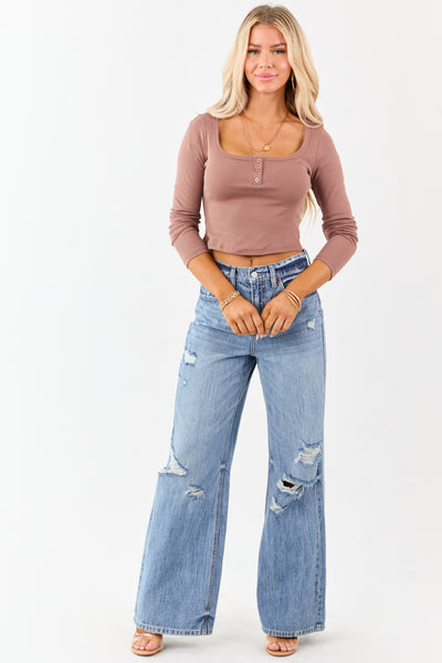 Coffee Long Sleeve Crop Cotton Henley Top