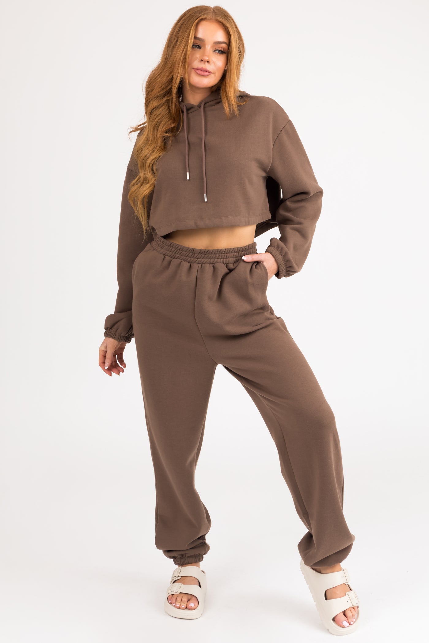 Coffee Long Sleeve Crop Top and Jogger Set