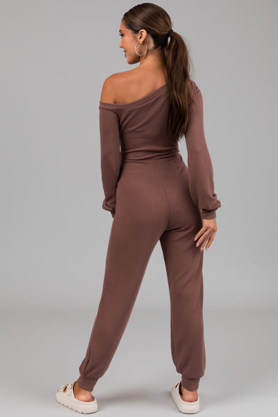 Coffee Long Sleeve Off Shoulder Jogger Jumpsuit
