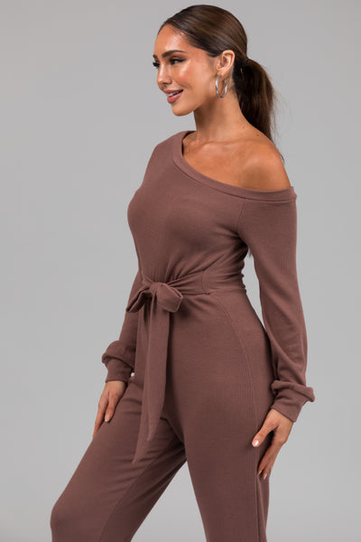 Coffee Long Sleeve Off Shoulder Jogger Jumpsuit