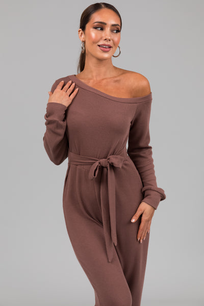 Coffee Long Sleeve Off Shoulder Jogger Jumpsuit