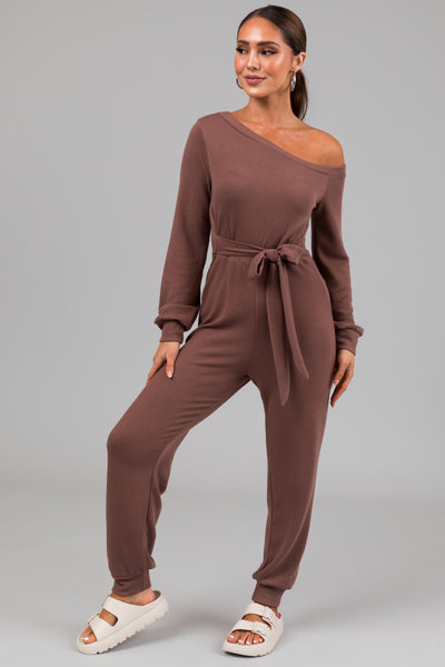 Coffee Long Sleeve Off Shoulder Jogger Jumpsuit