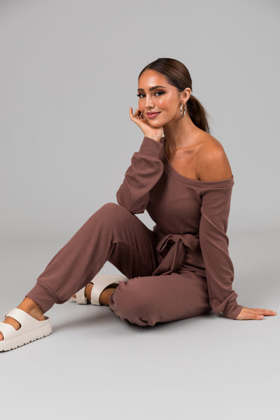 Coffee Long Sleeve Off Shoulder Jogger Jumpsuit