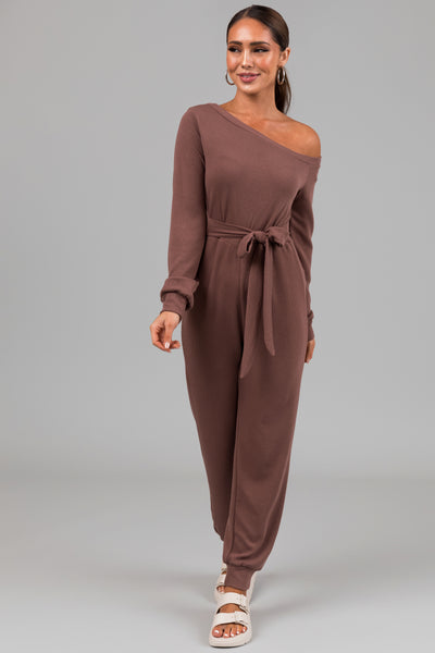 Coffee Long Sleeve Off Shoulder Jogger Jumpsuit