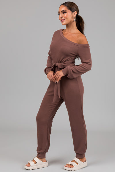 Coffee Long Sleeve Off Shoulder Jogger Jumpsuit