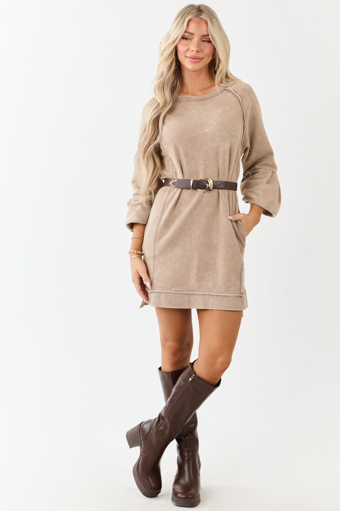Coffee Mineral Wash Knit Raglan Sleeve Mini Dress