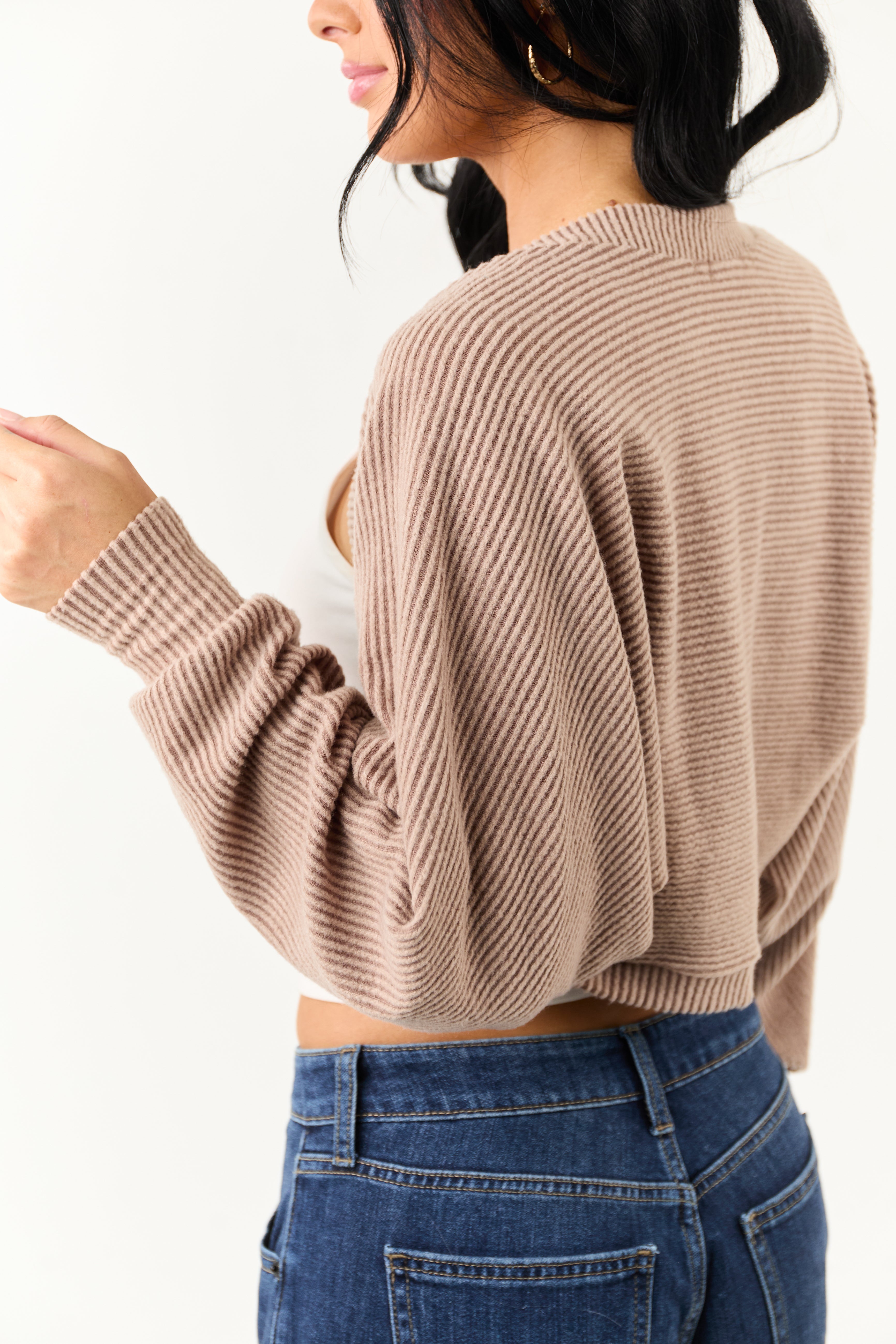 Coffee Open Front Soft Ribbed Shrug Cardigan