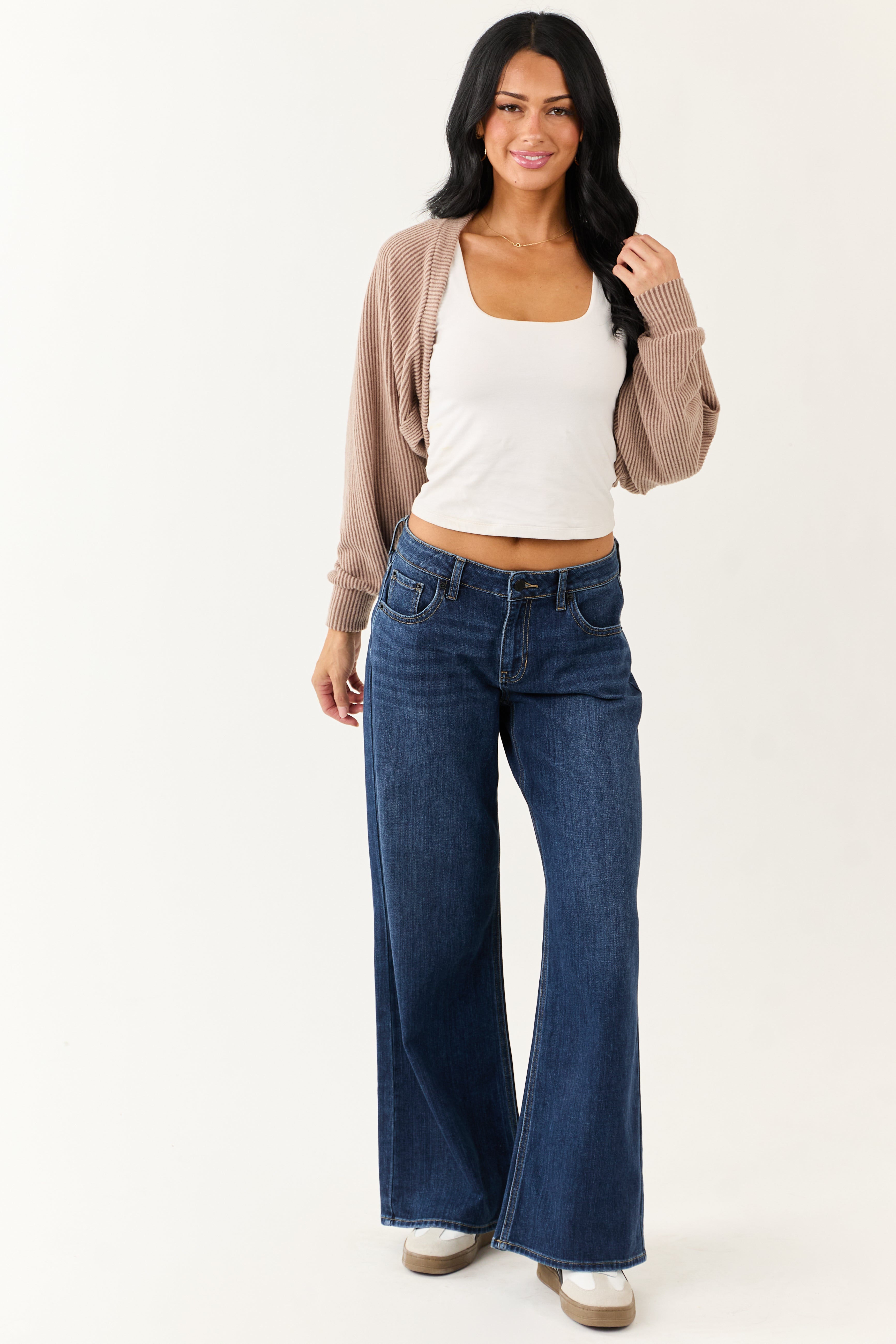 Coffee Open Front Soft Ribbed Shrug Cardigan