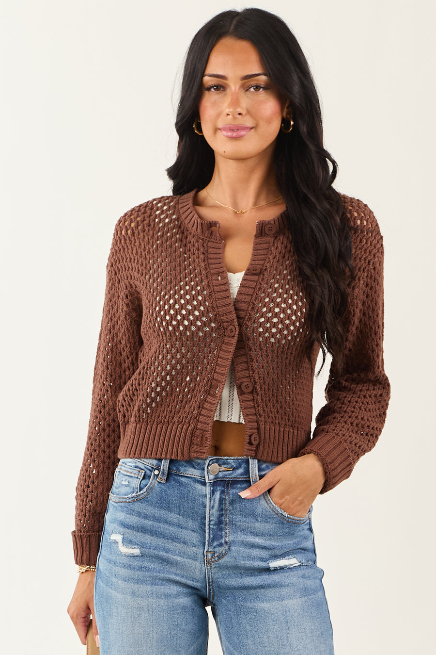 Coffee Open Knit Button Down Cardigan