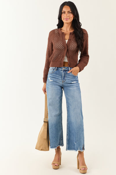 Coffee Open Knit Button Down Cardigan