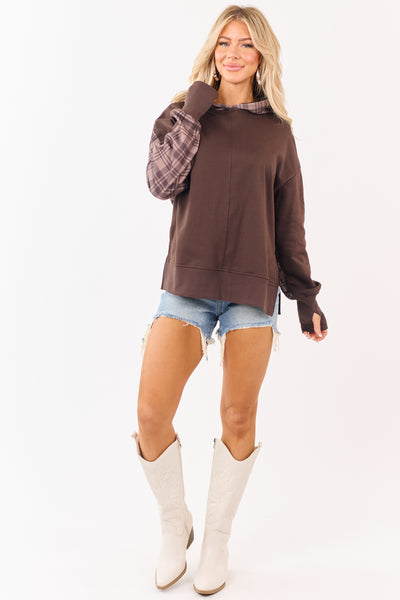 Coffee Patchwork Plaid Sweatshirt Hoodie