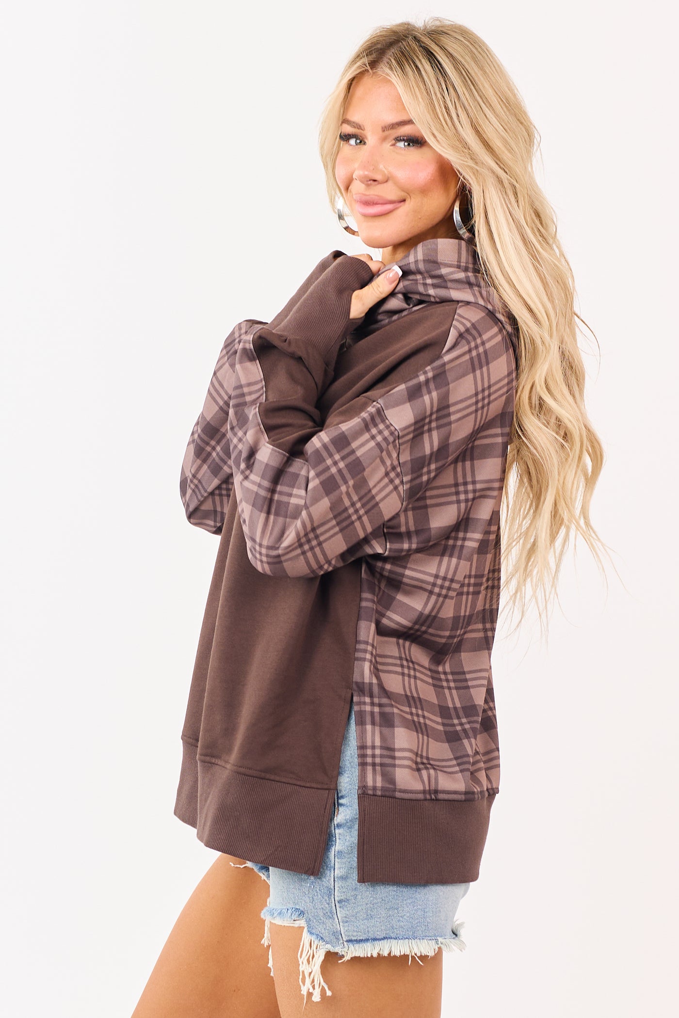 Coffee Patchwork Plaid Sweatshirt Hoodie