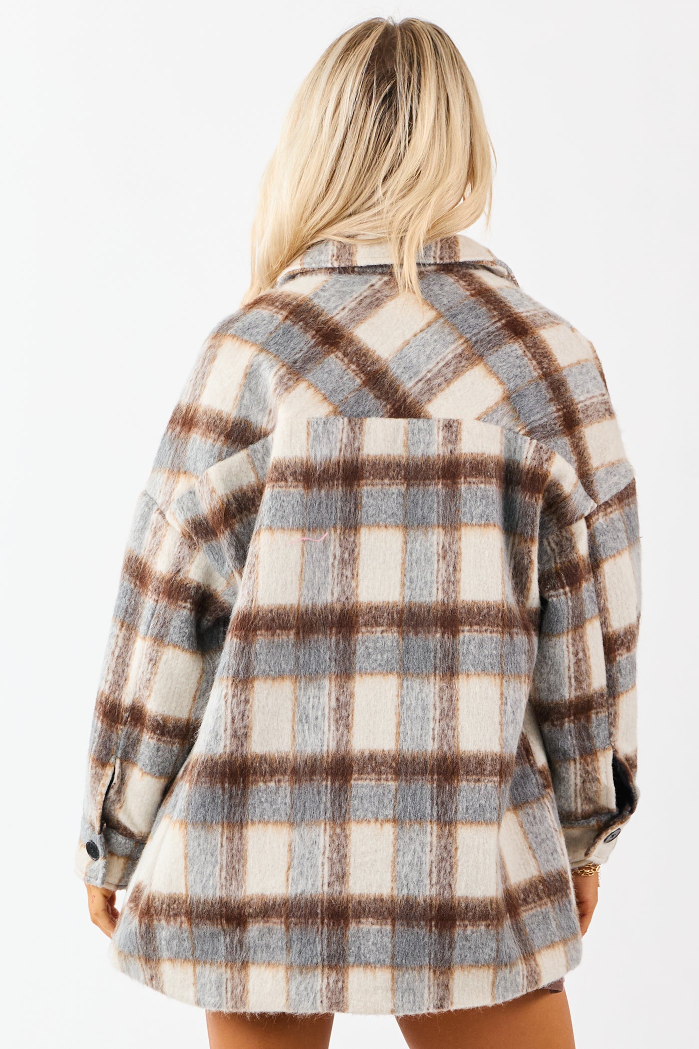 Coffee Plaid Collared Button Down Textured Shacket