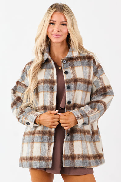 Coffee Plaid Collared Button Down Textured Shacket