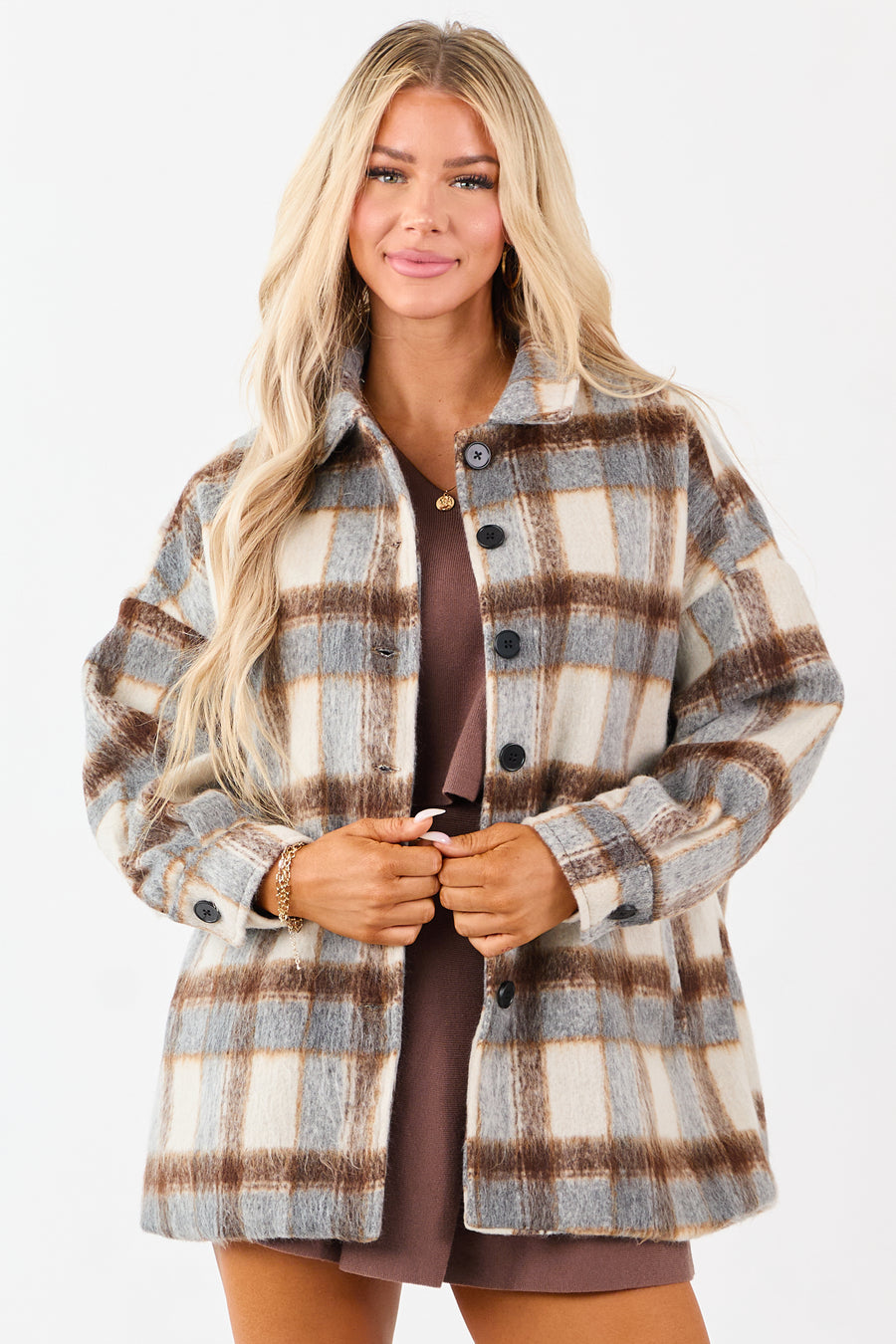 Coffee Plaid Collared Button Down Textured Shacket