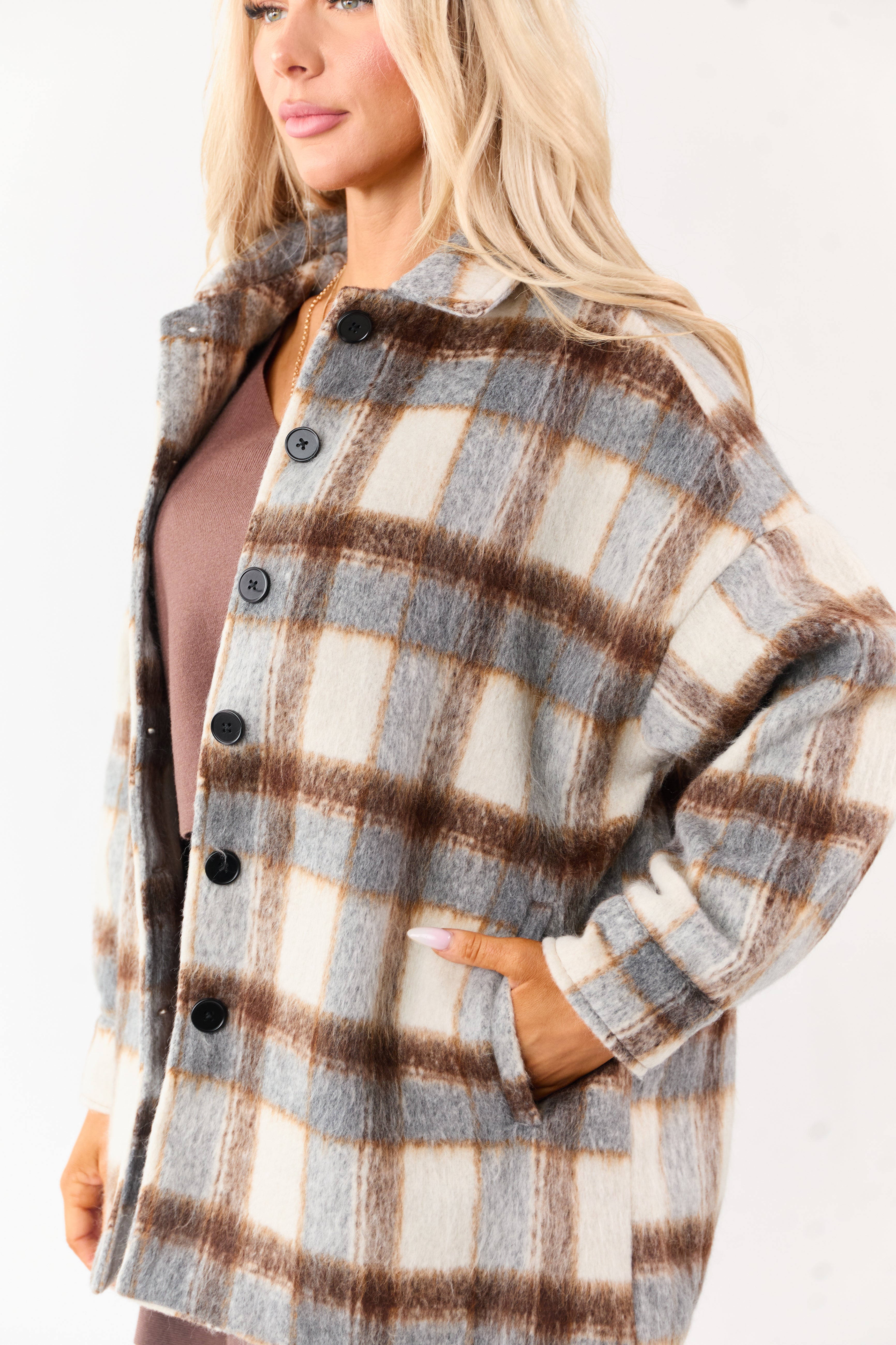Coffee Plaid Collared Button Down Textured Shacket