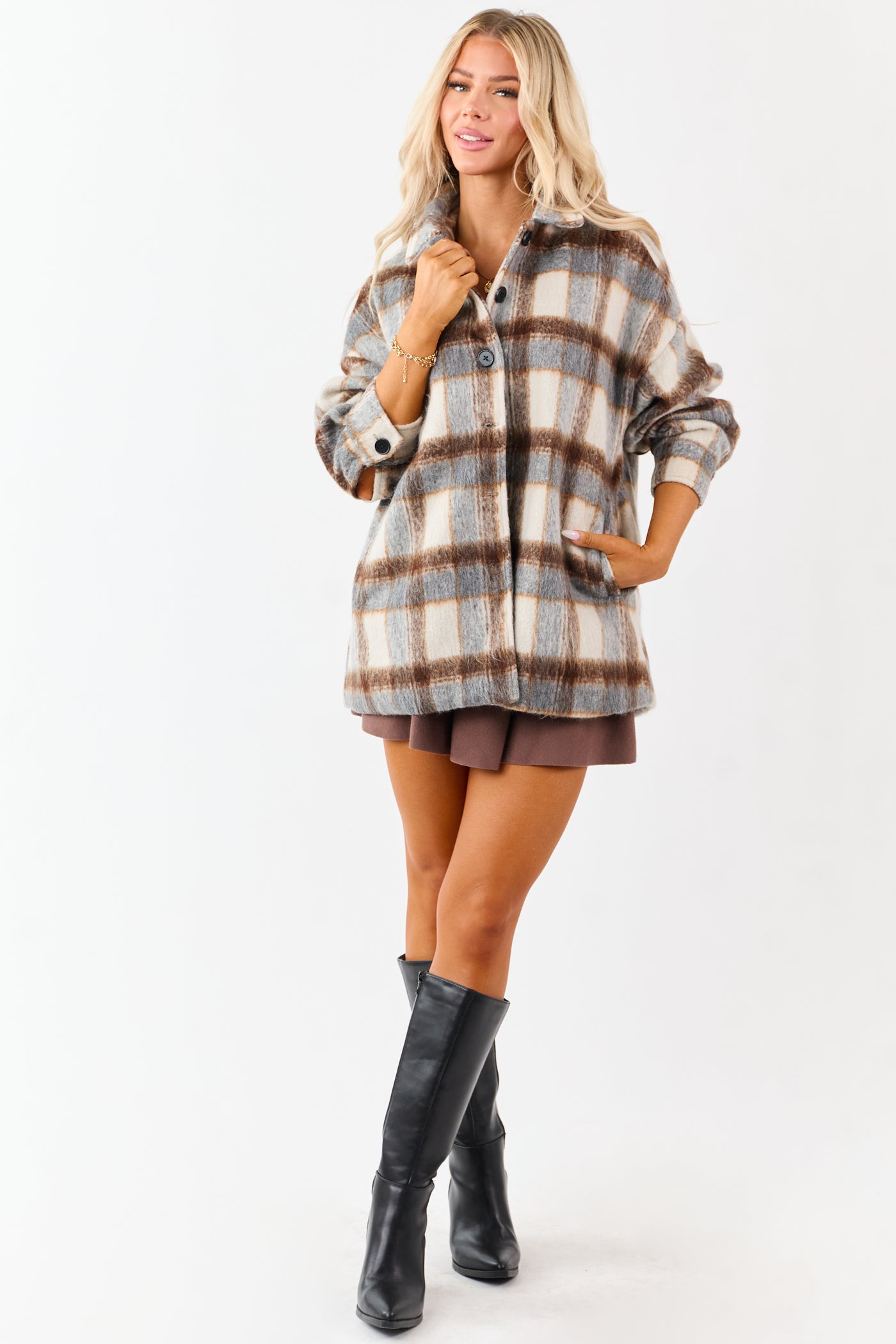 Coffee Plaid Collared Button Down Textured Shacket