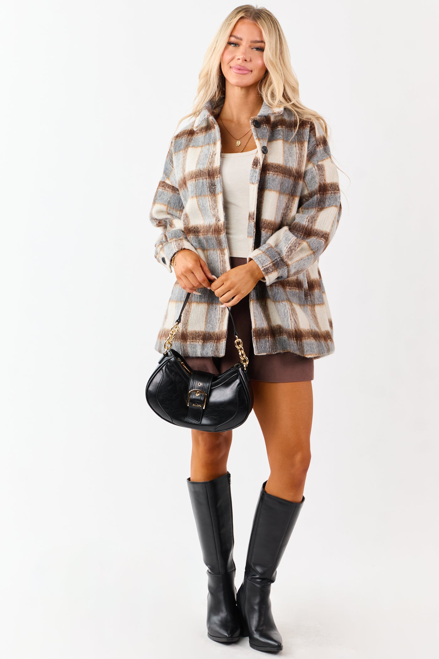 Coffee Plaid Collared Button Down Textured Shacket