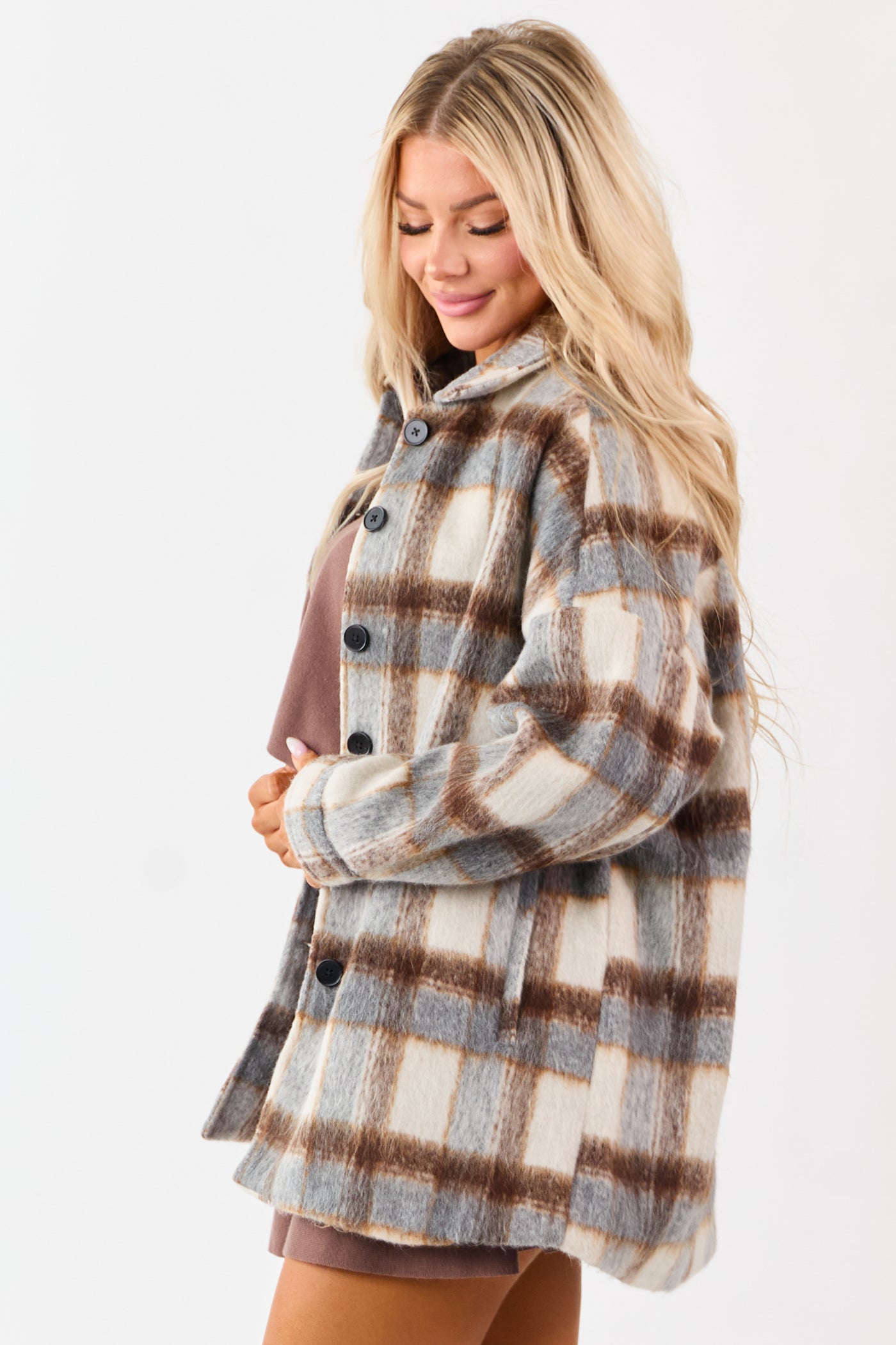 Coffee Plaid Collared Button Down Textured Shacket