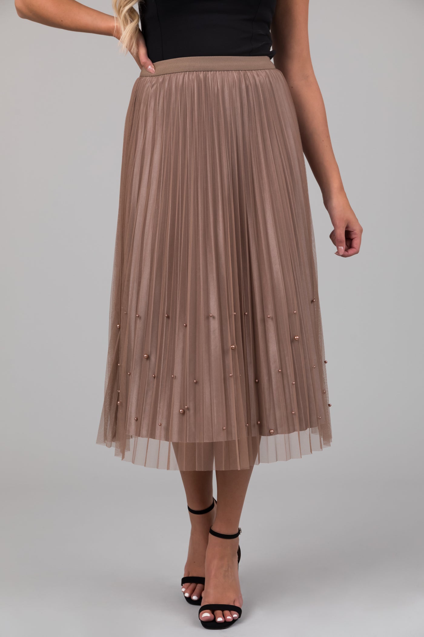 Coffee Pleated Midi Skirt with Pearl Accents | Lime Lush