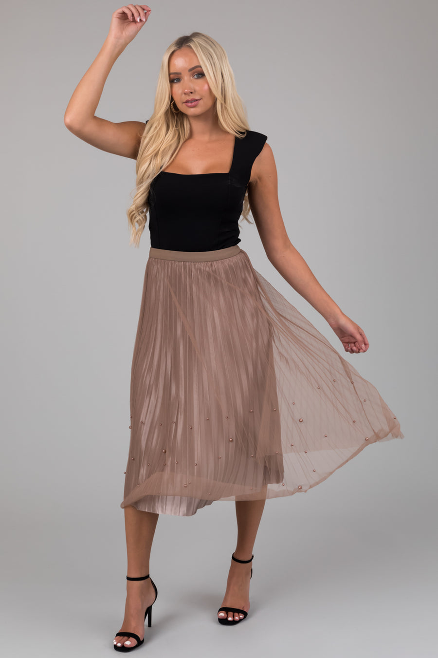 Coffee Pleated Midi Skirt with Pearl Accents