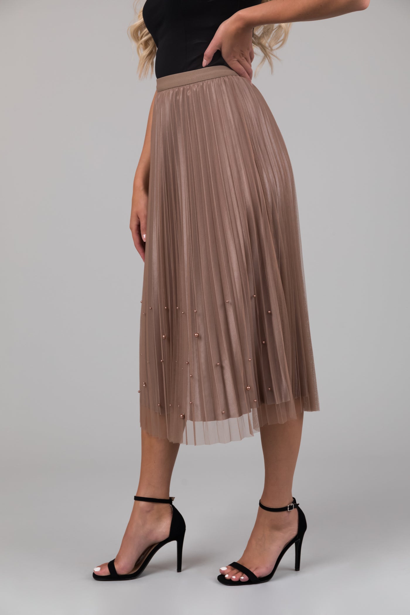 Coffee Pleated Midi Skirt with Pearl Accents