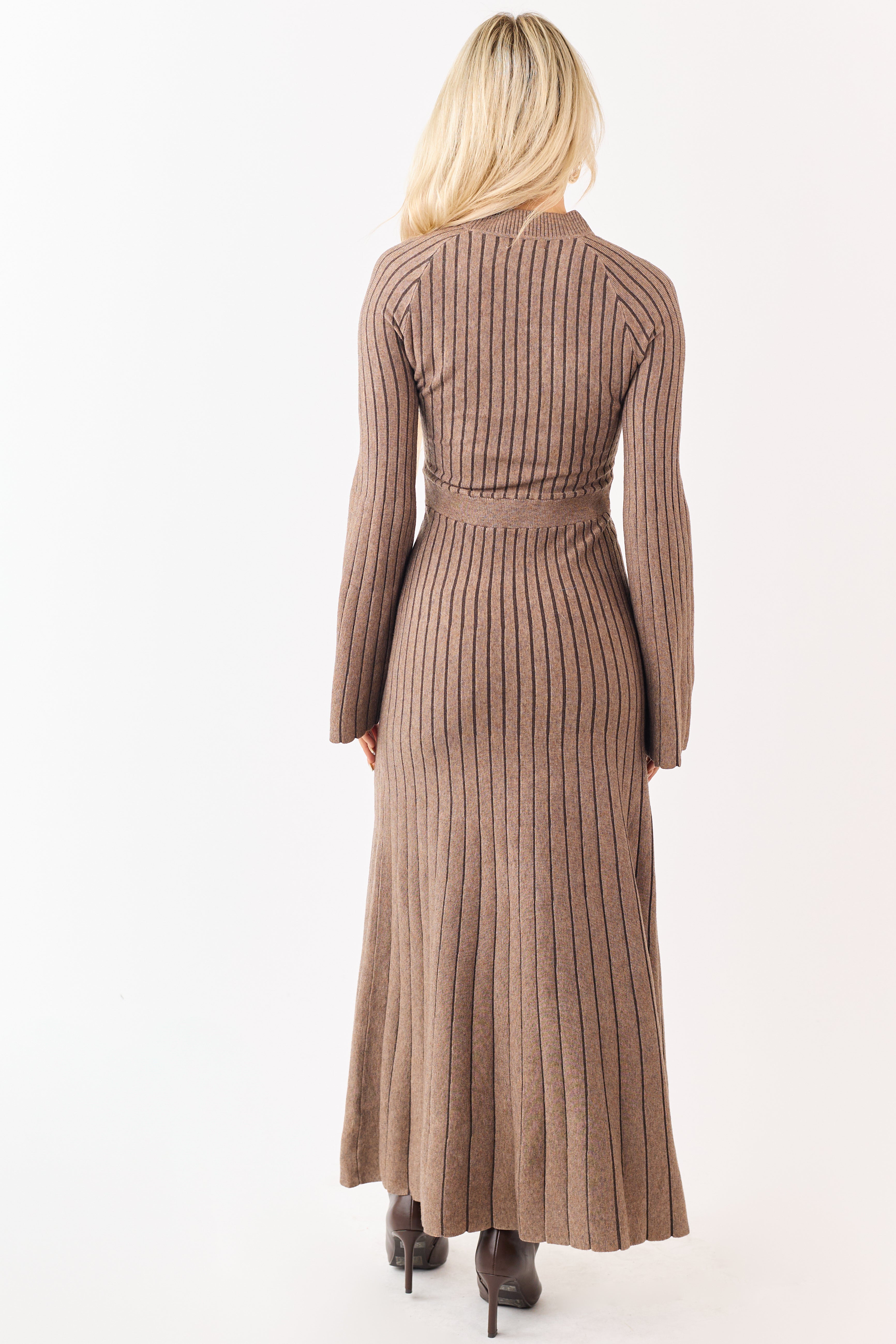 Coffee Rib Knit Flare Sleeve Maxi Sweater Dress