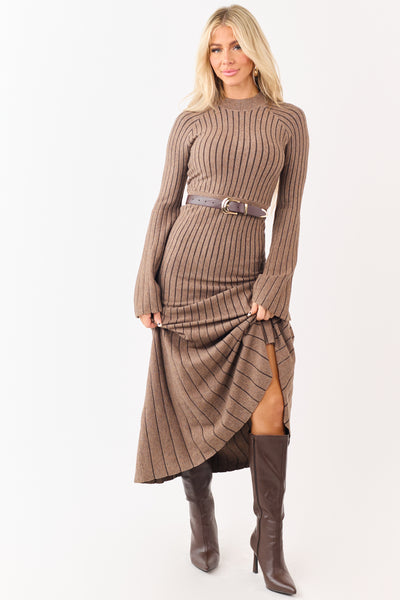 Coffee Rib Knit Flare Sleeve Maxi Sweater Dress