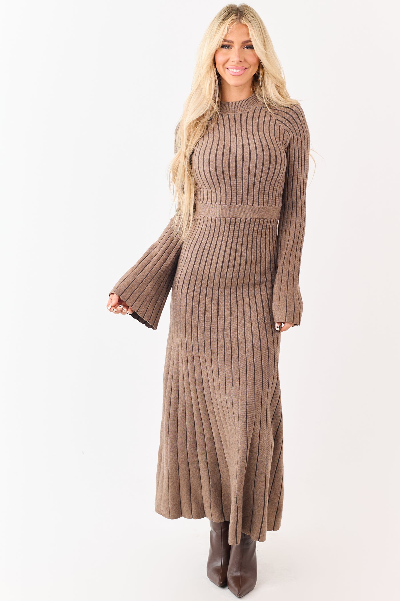 Coffee Rib Knit Flare Sleeve Maxi Sweater Dress