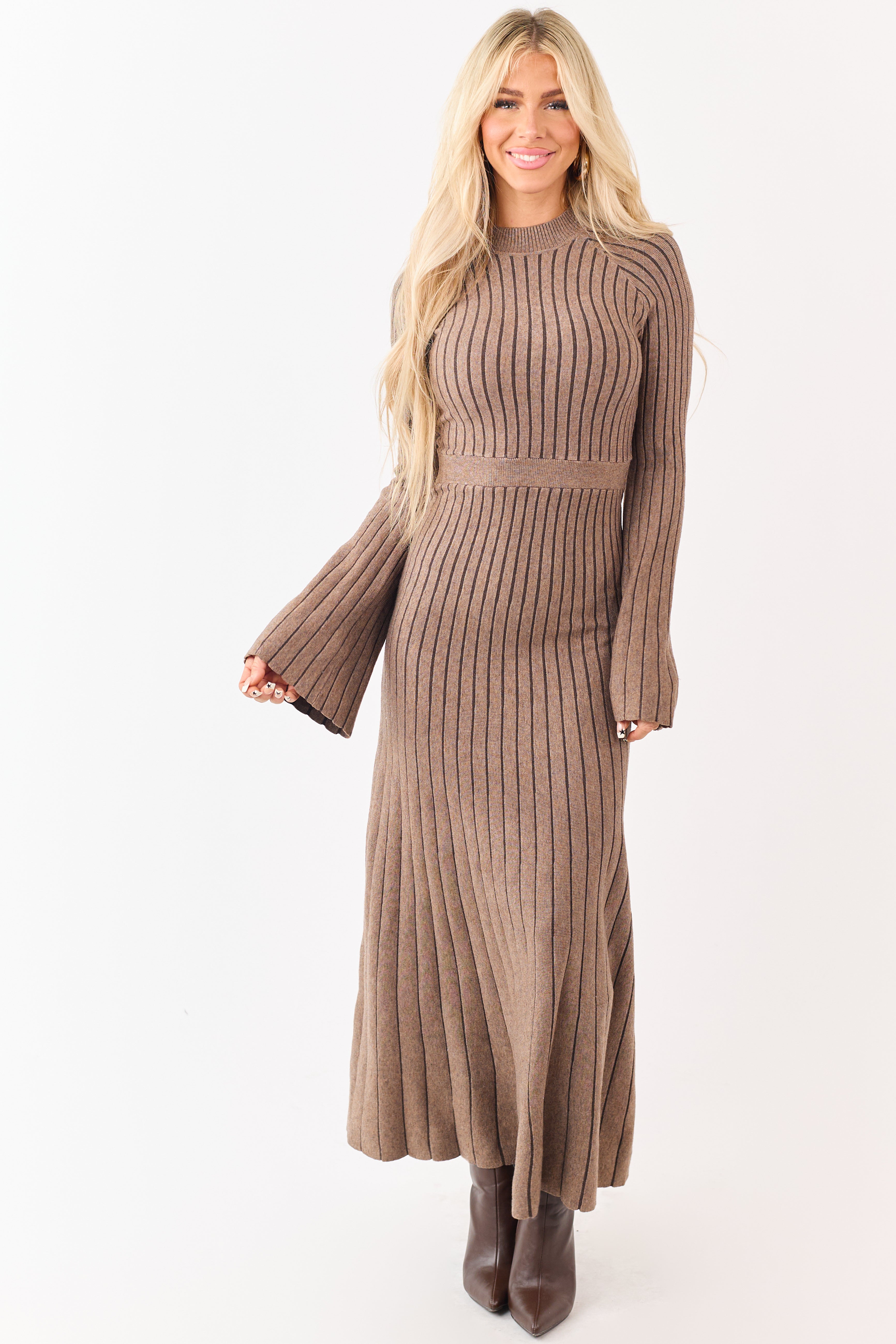 Coffee Rib Knit Flare Sleeve Maxi Sweater Dress