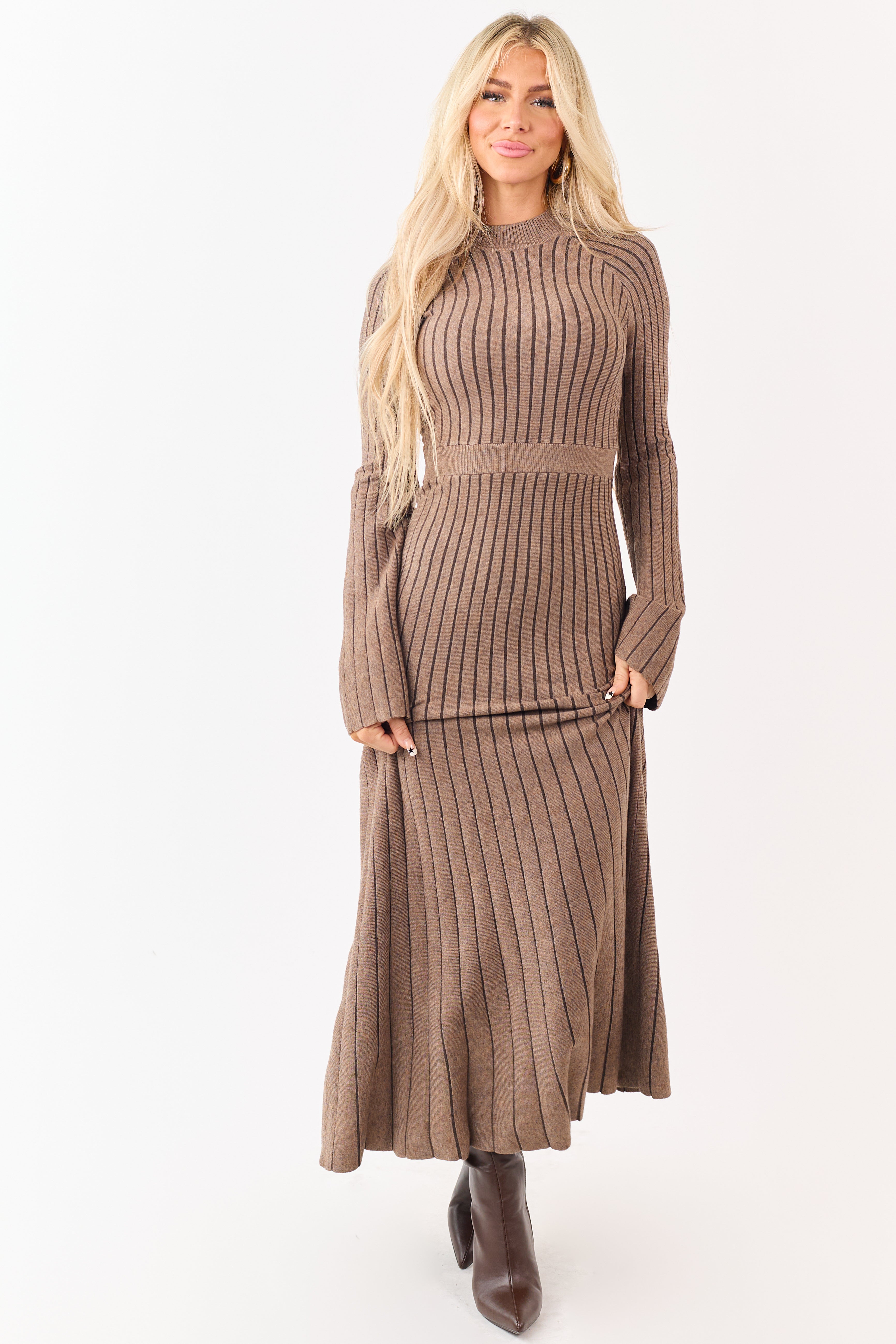 Coffee Rib Knit Flare Sleeve Maxi Sweater Dress