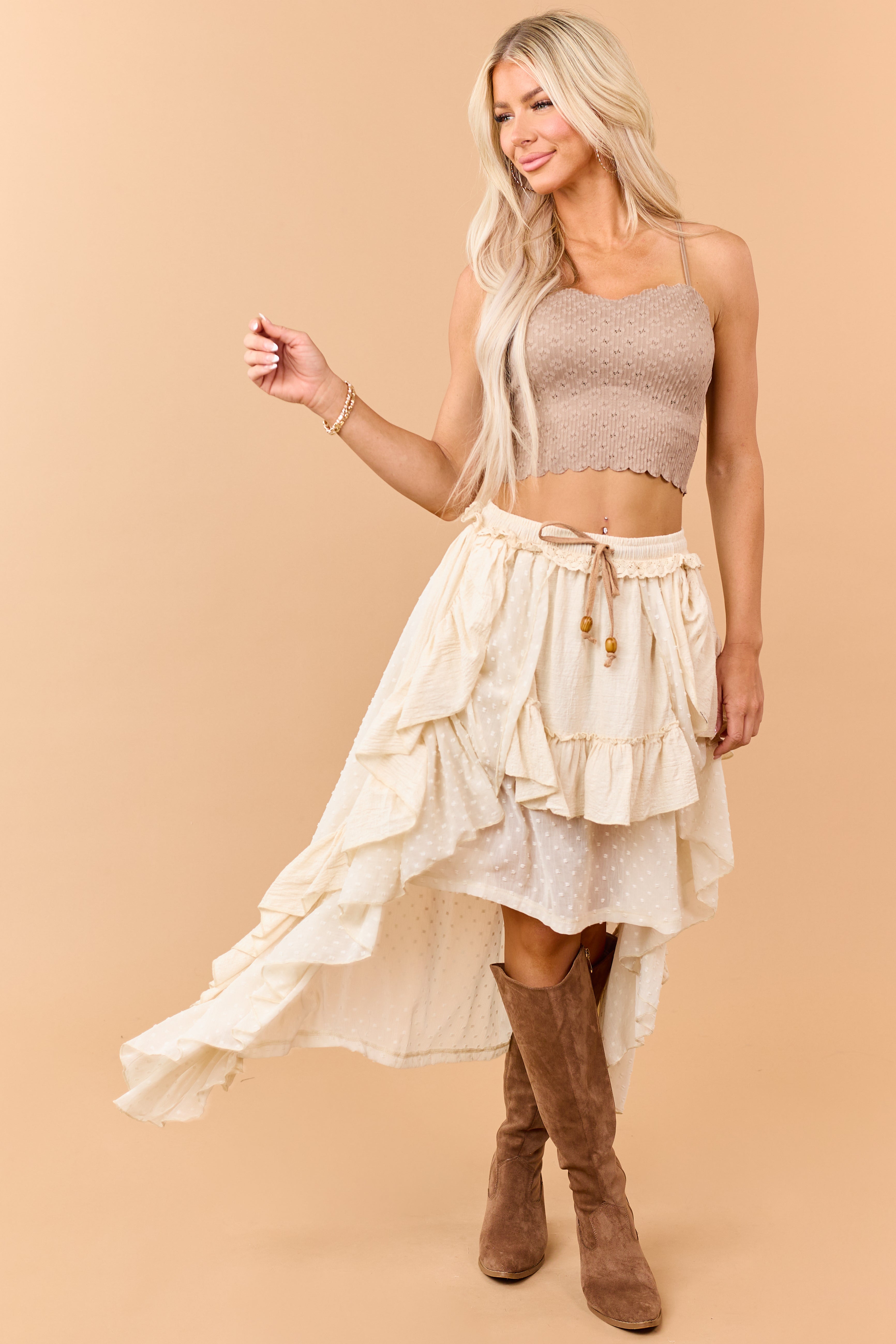 Coffee Rib Knit Pointelle Scalloped Hem Bralette