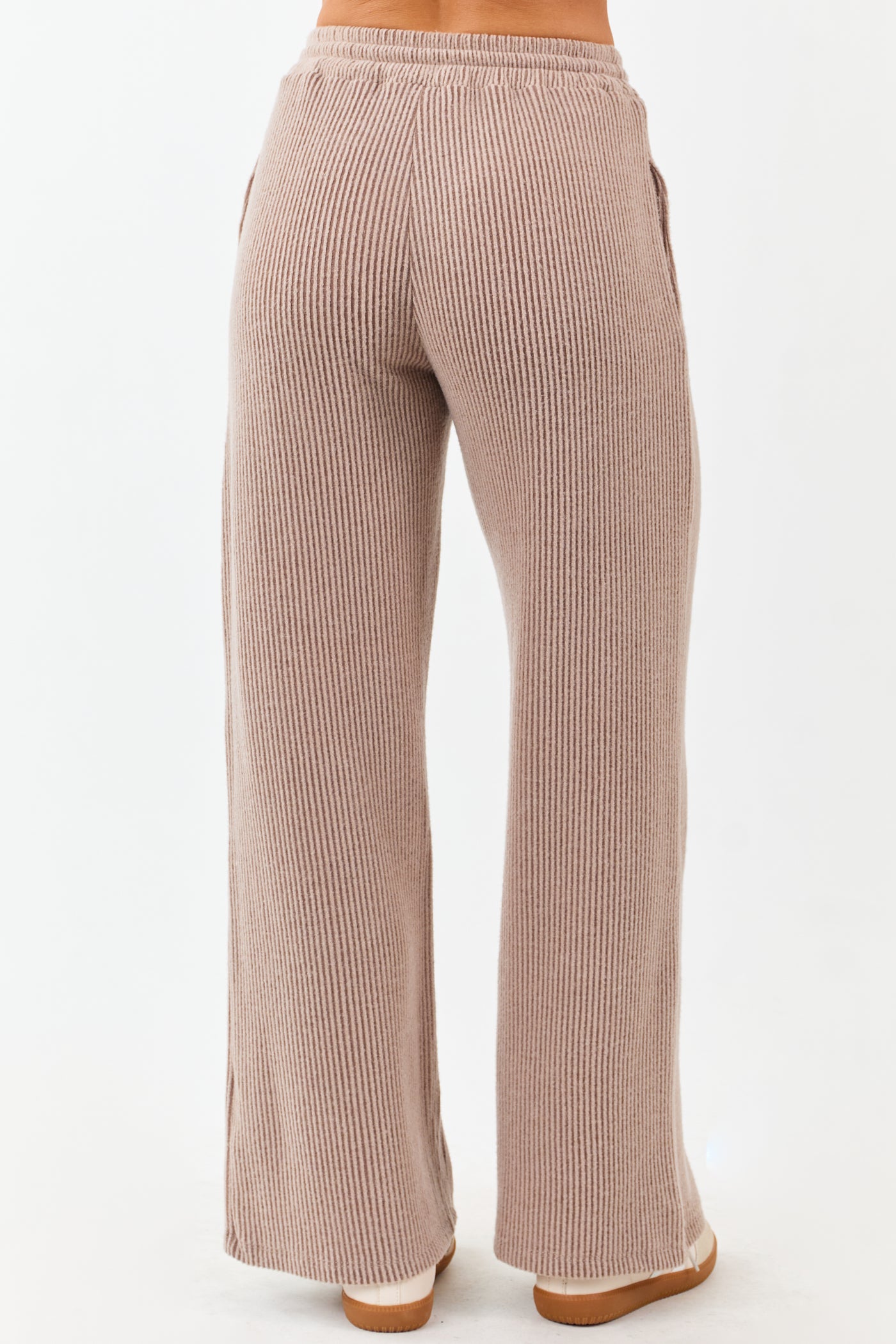 Coffee Ribbed Knit Drawstring Waist Wide Leg Pants