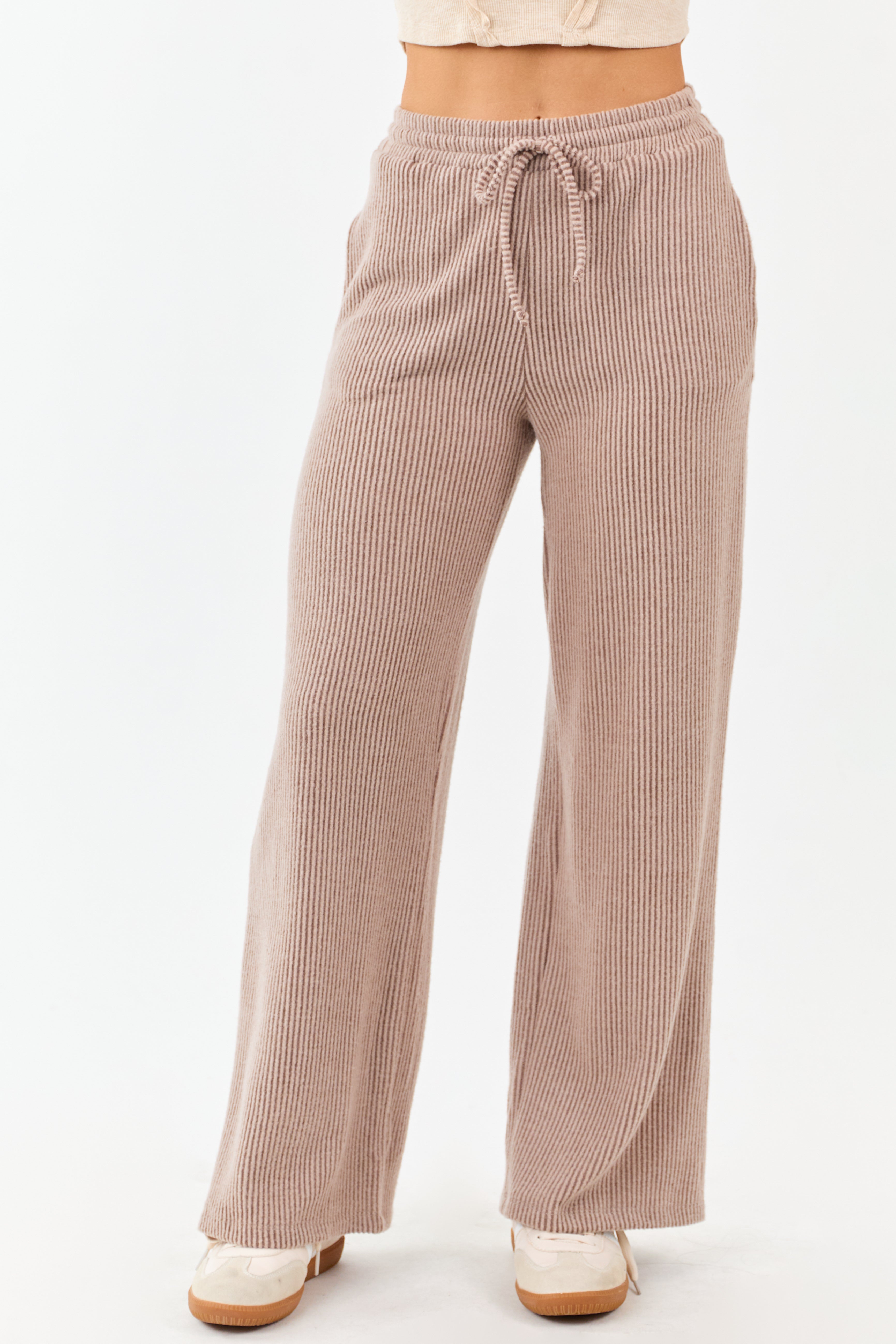 Coffee Ribbed Knit Drawstring Waist Wide Leg Pants