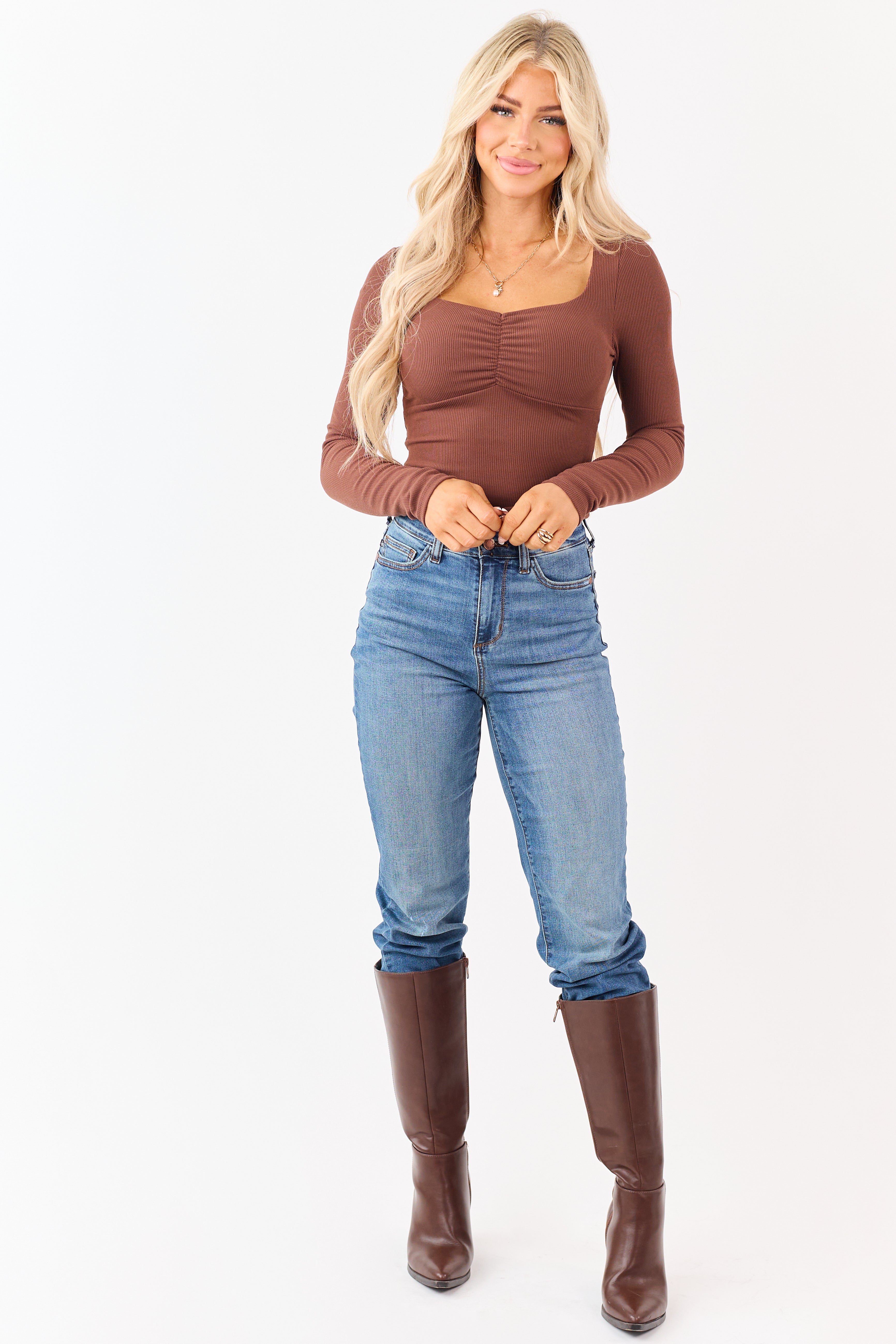 Coffee Ruched Ribbed Knit Long Sleeve Cropped Top