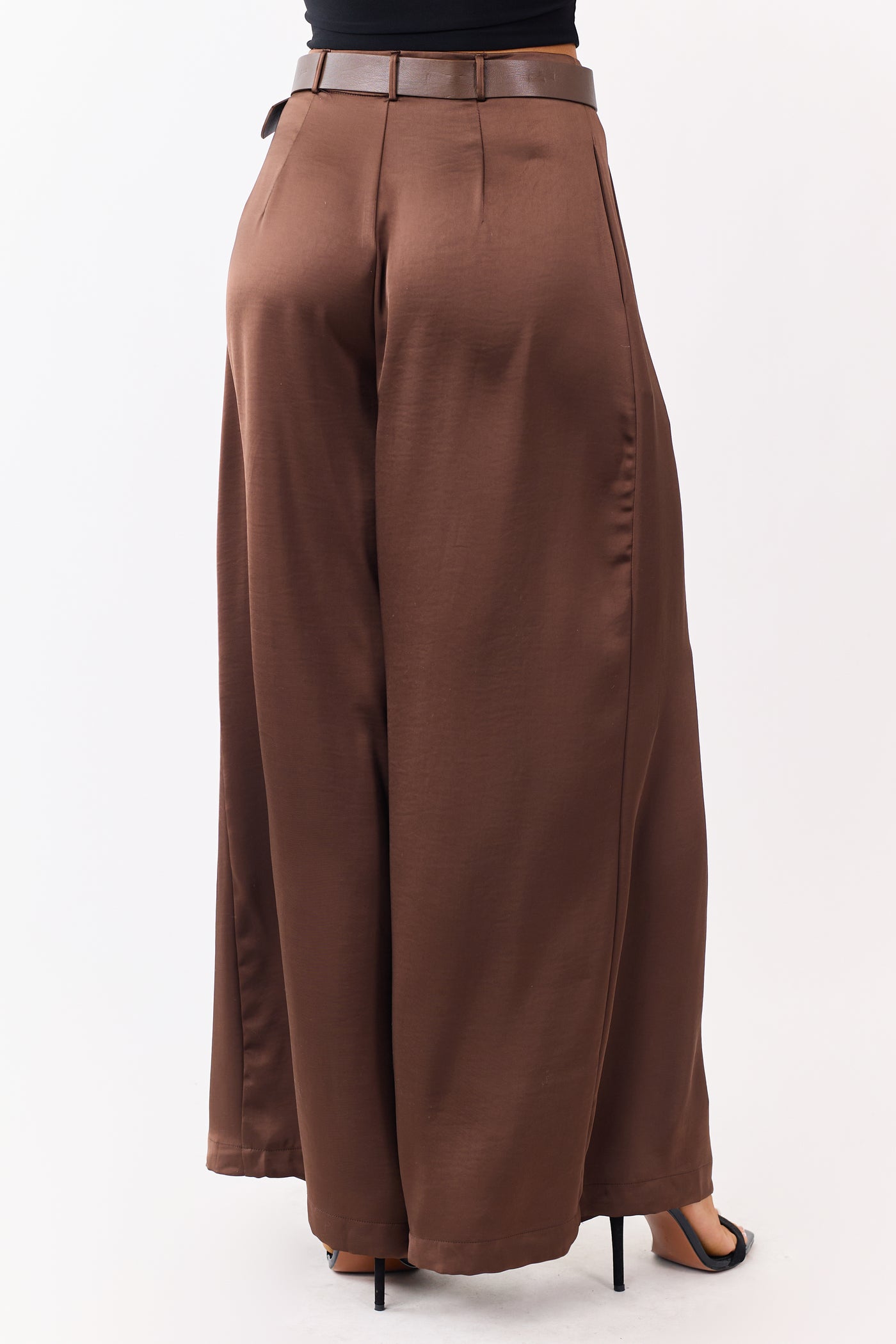 Coffee Satin Belted Wide Palazzo Pants