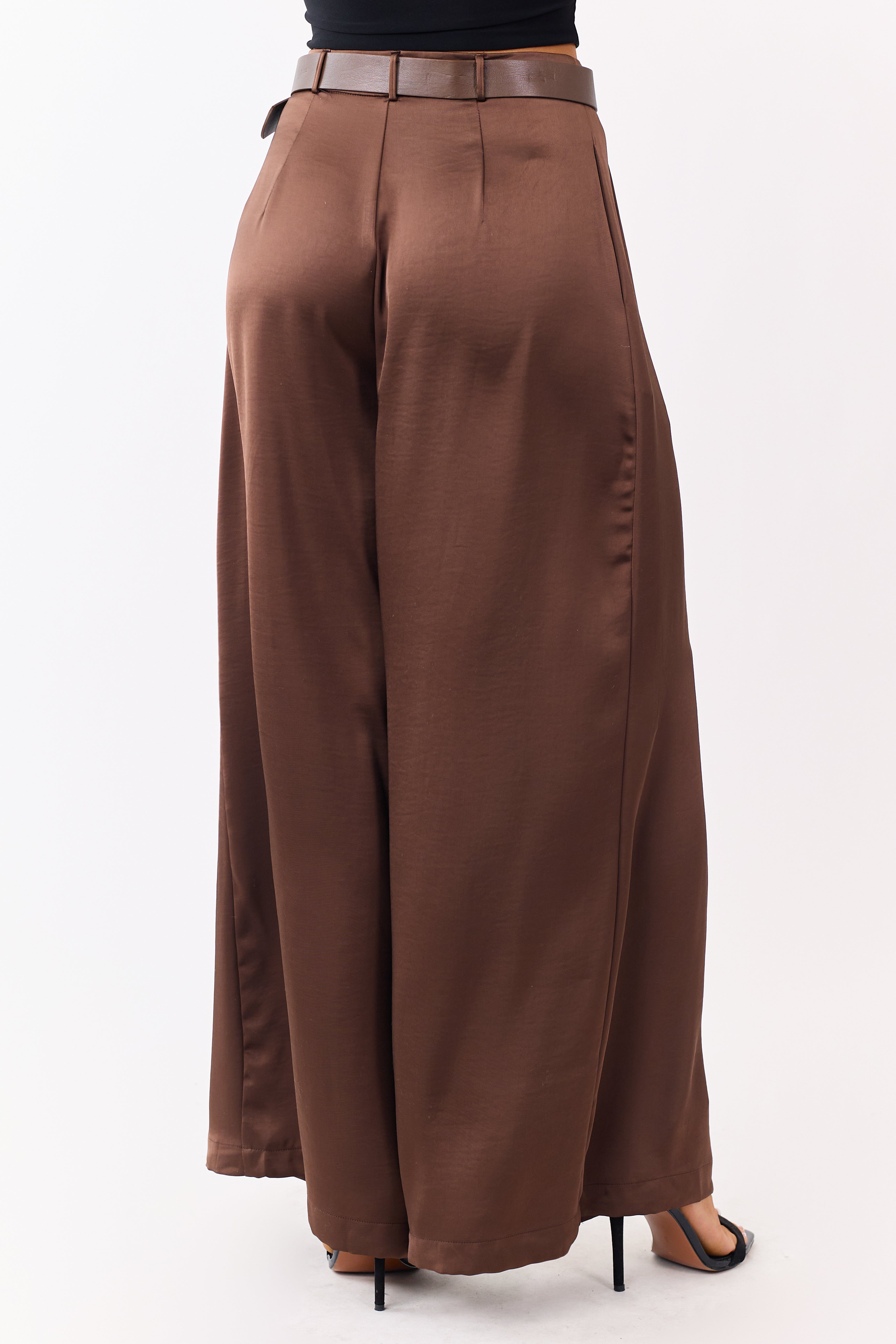 Coffee Satin Belted Wide Palazzo Pants