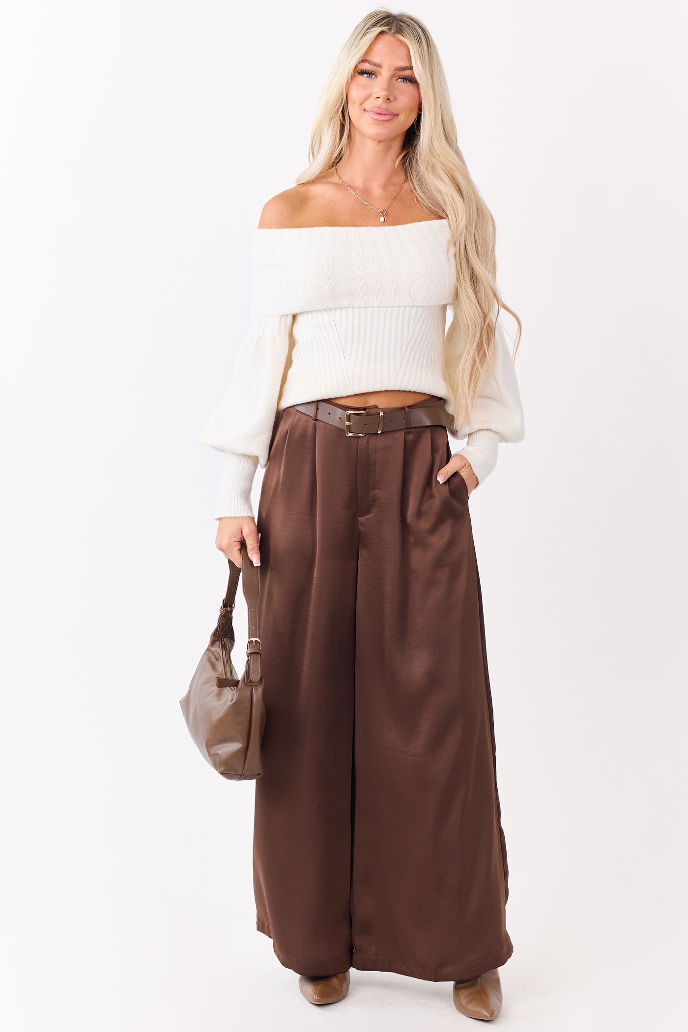 Coffee Satin Belted Wide Palazzo Pants
