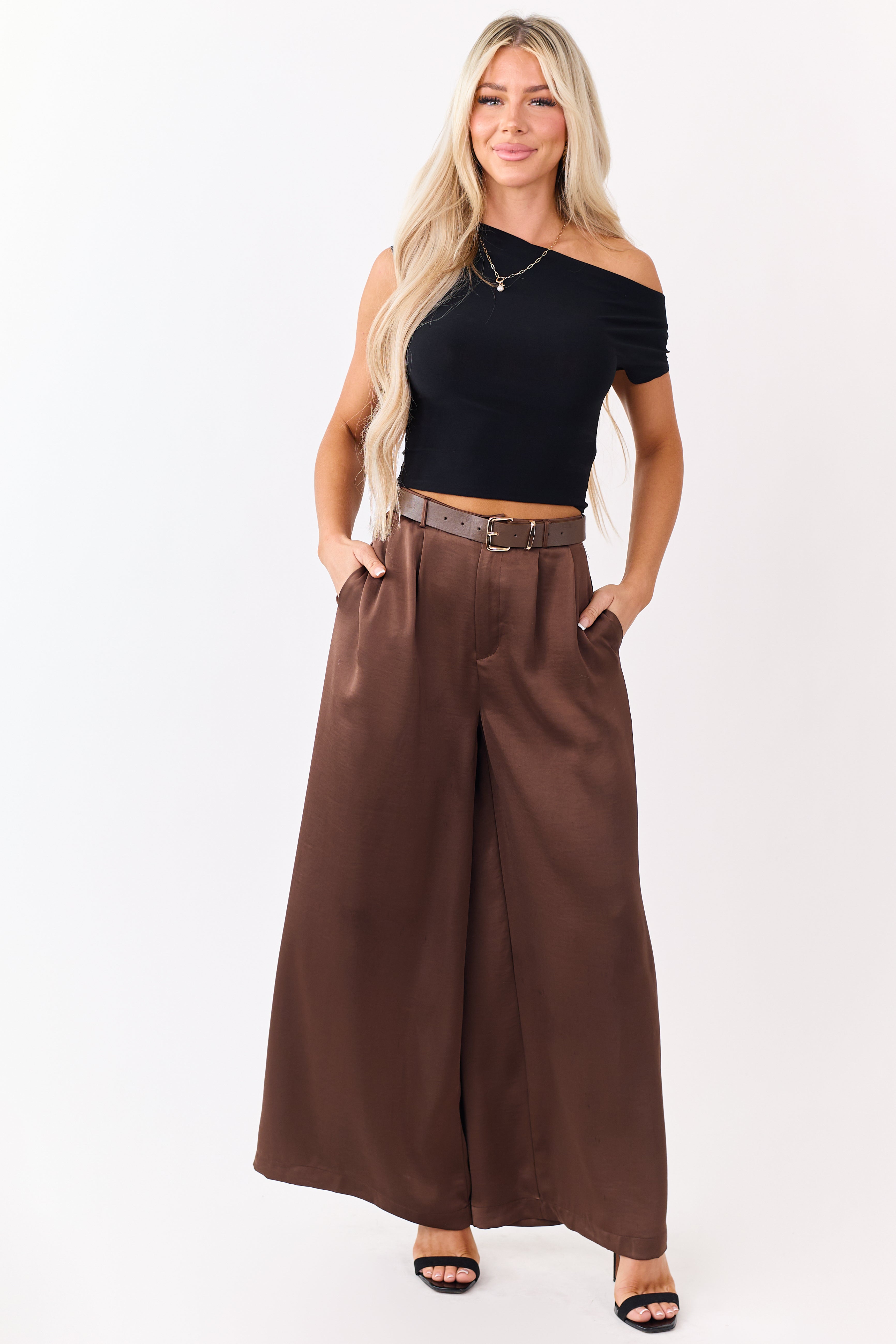 Coffee Satin Belted Wide Palazzo Pants | Lime Lush Boutique