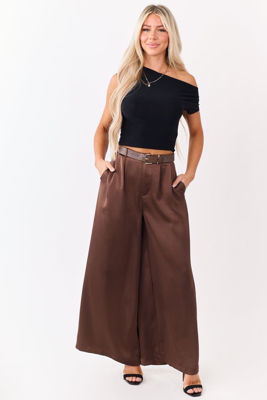 Coffee Satin Belted Wide Palazzo Pants