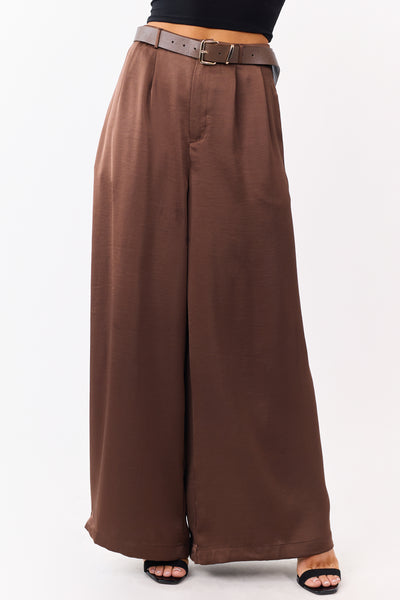 Coffee Satin Belted Wide Palazzo Pants