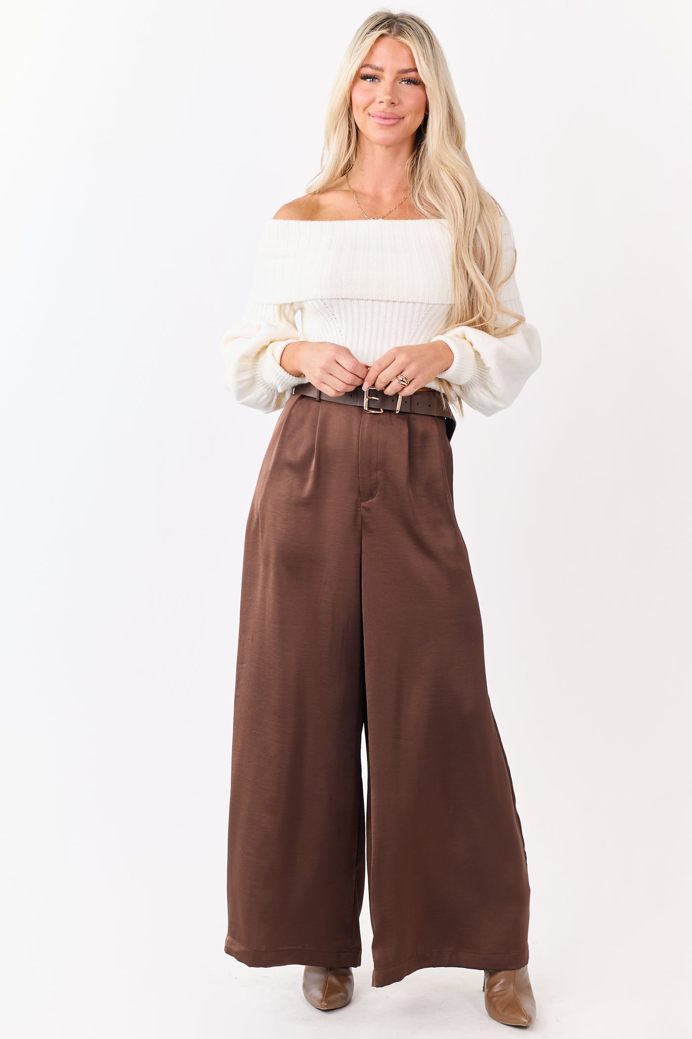 Coffee Satin Belted Wide Palazzo Pants