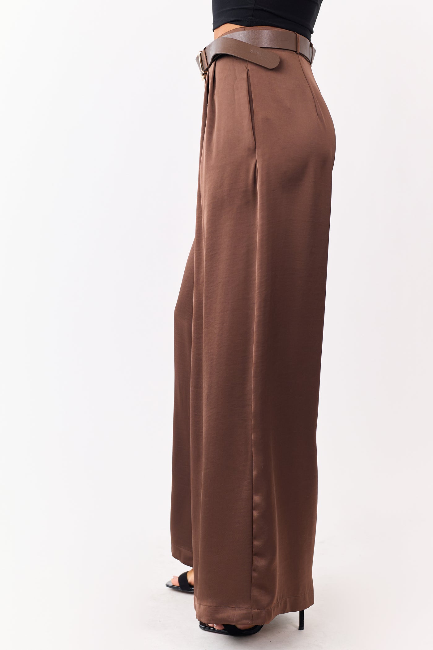 Coffee Satin Belted Wide Palazzo Pants