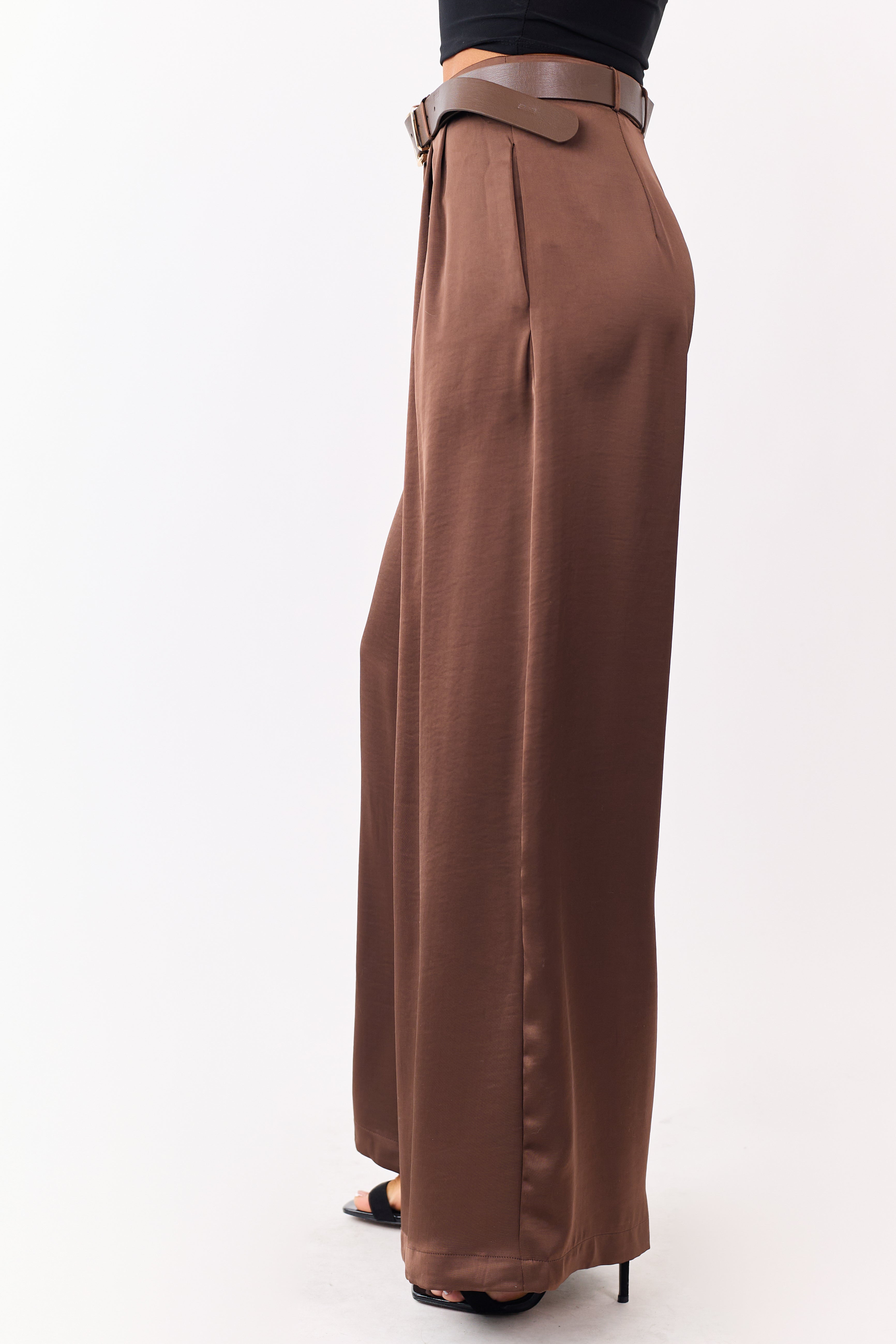 Coffee Satin Belted Wide Palazzo Pants