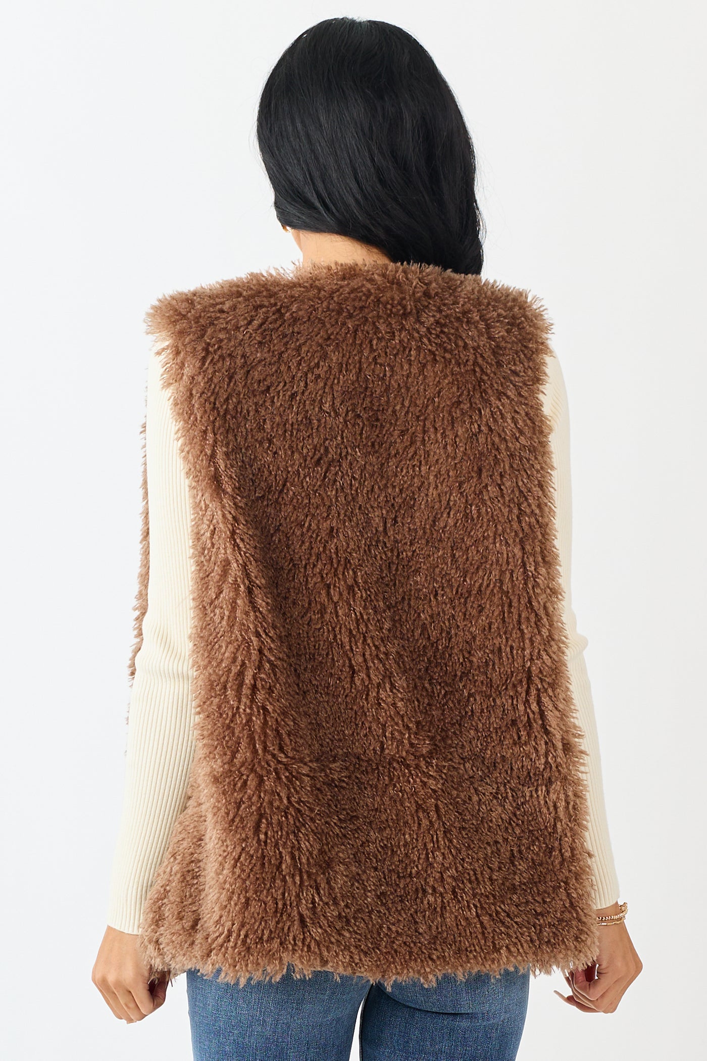 Coffee Shaggy Textured Open Front Lined Vest
