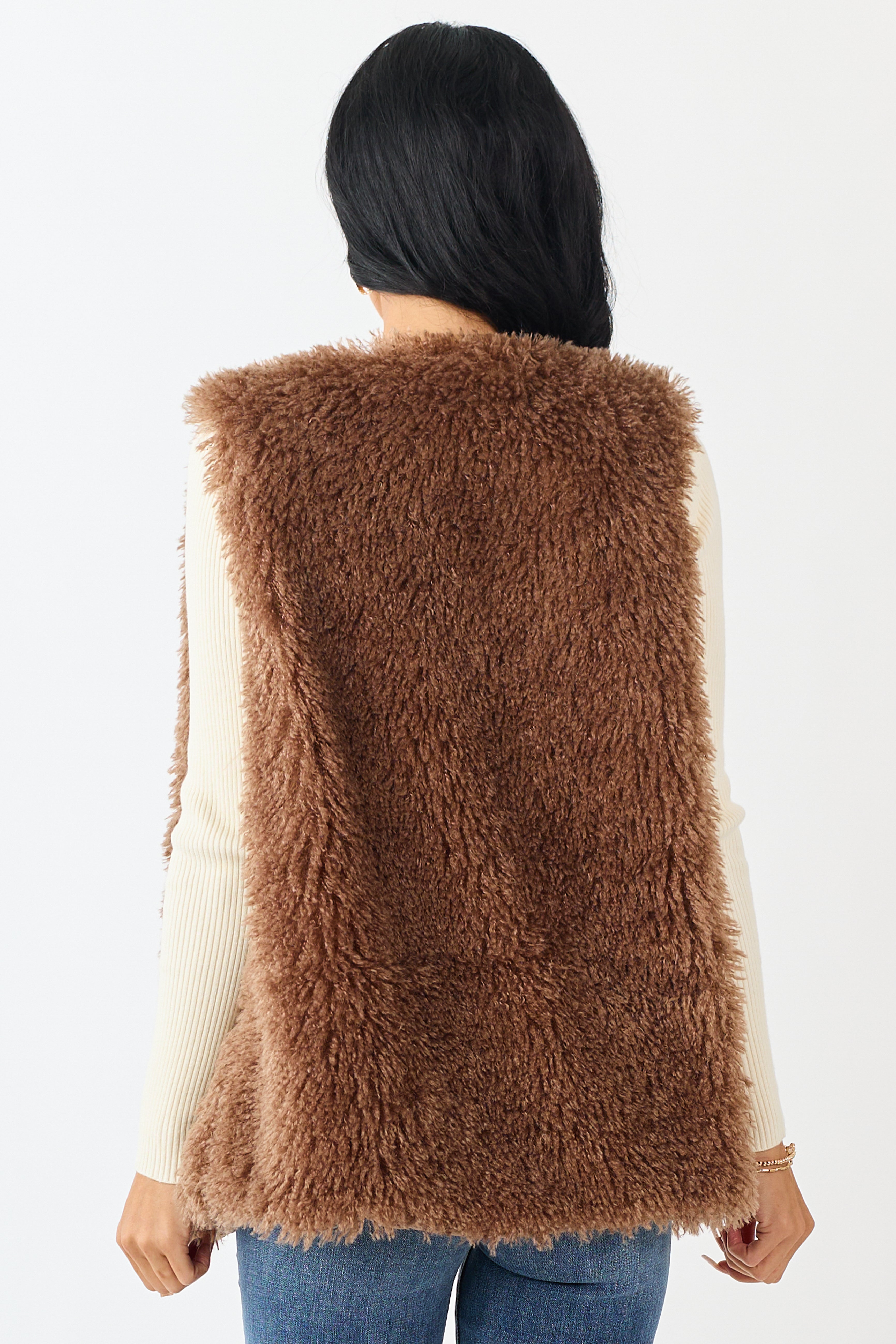 Coffee Shaggy Textured Open Front Lined Vest