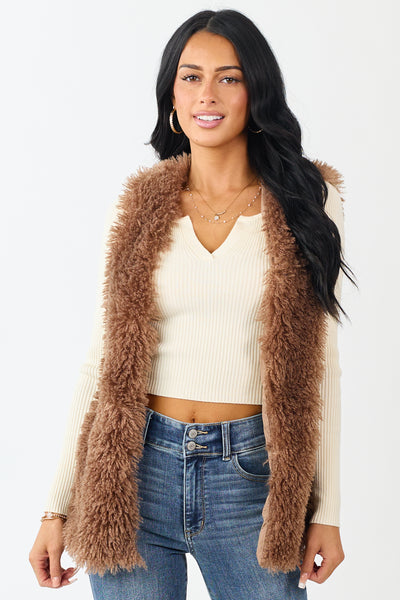 Coffee Shaggy Textured Open Front Lined Vest