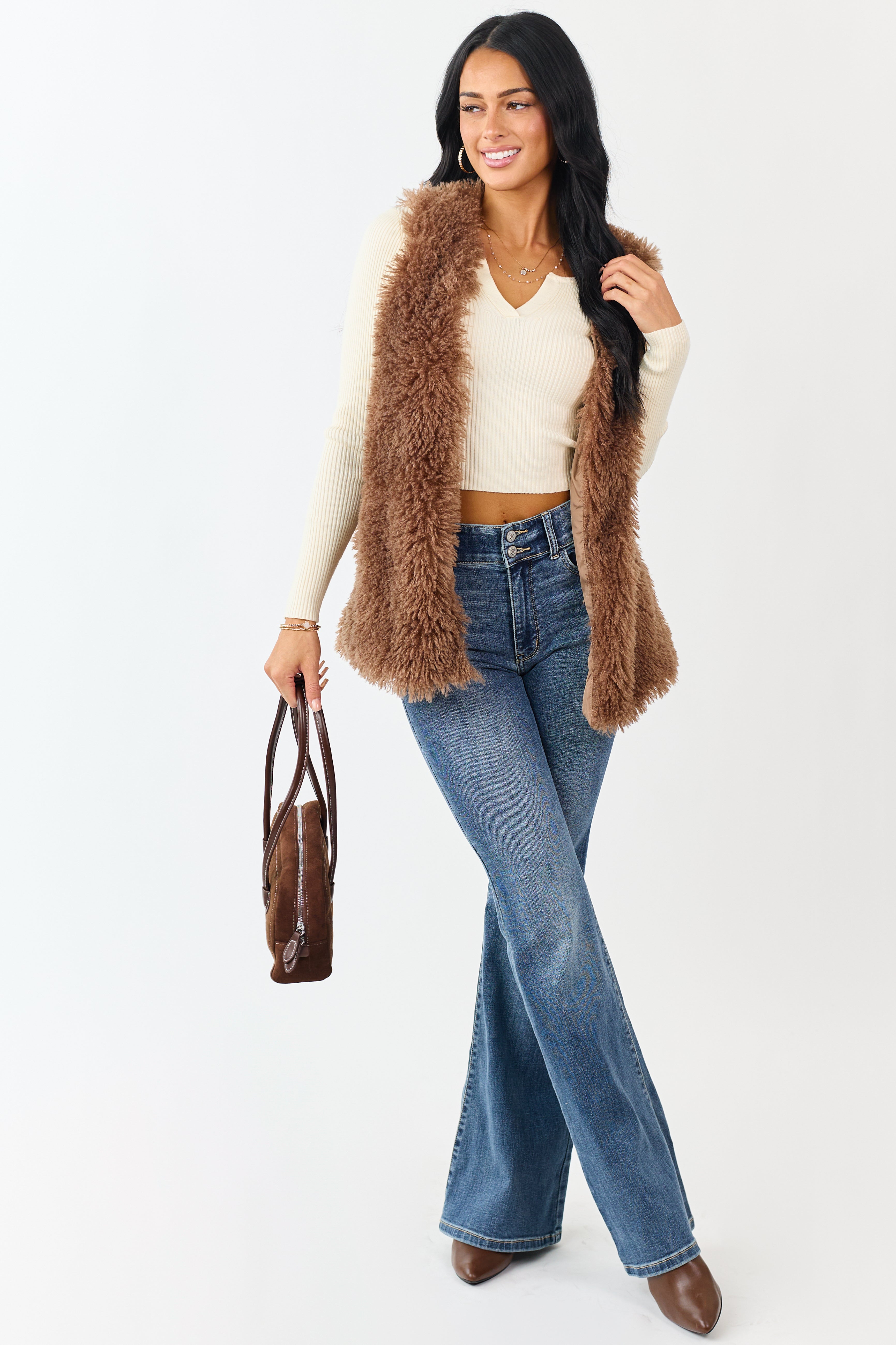 Coffee Shaggy Textured Open Front Lined Vest