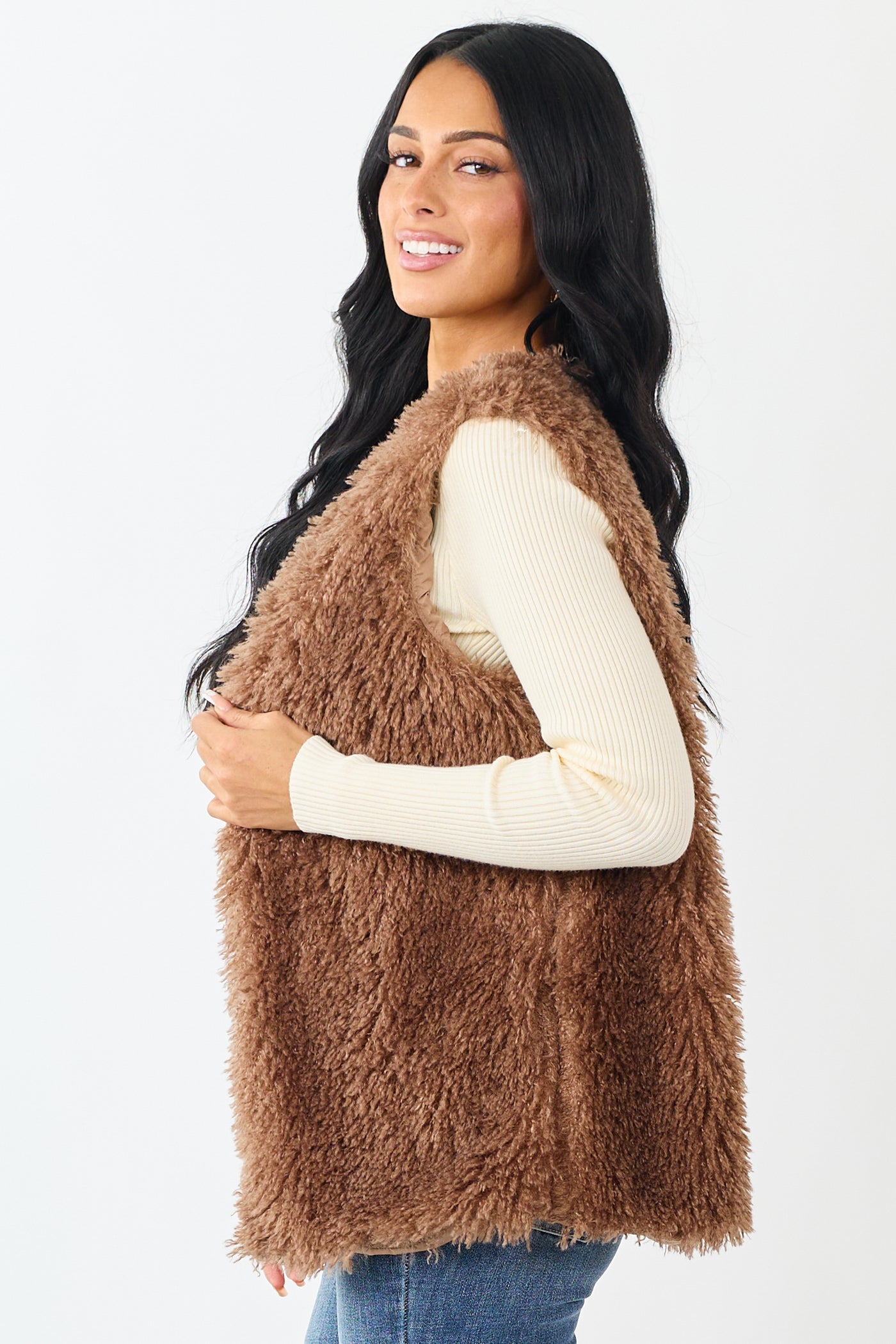 Coffee Shaggy Textured Open Front Lined Vest