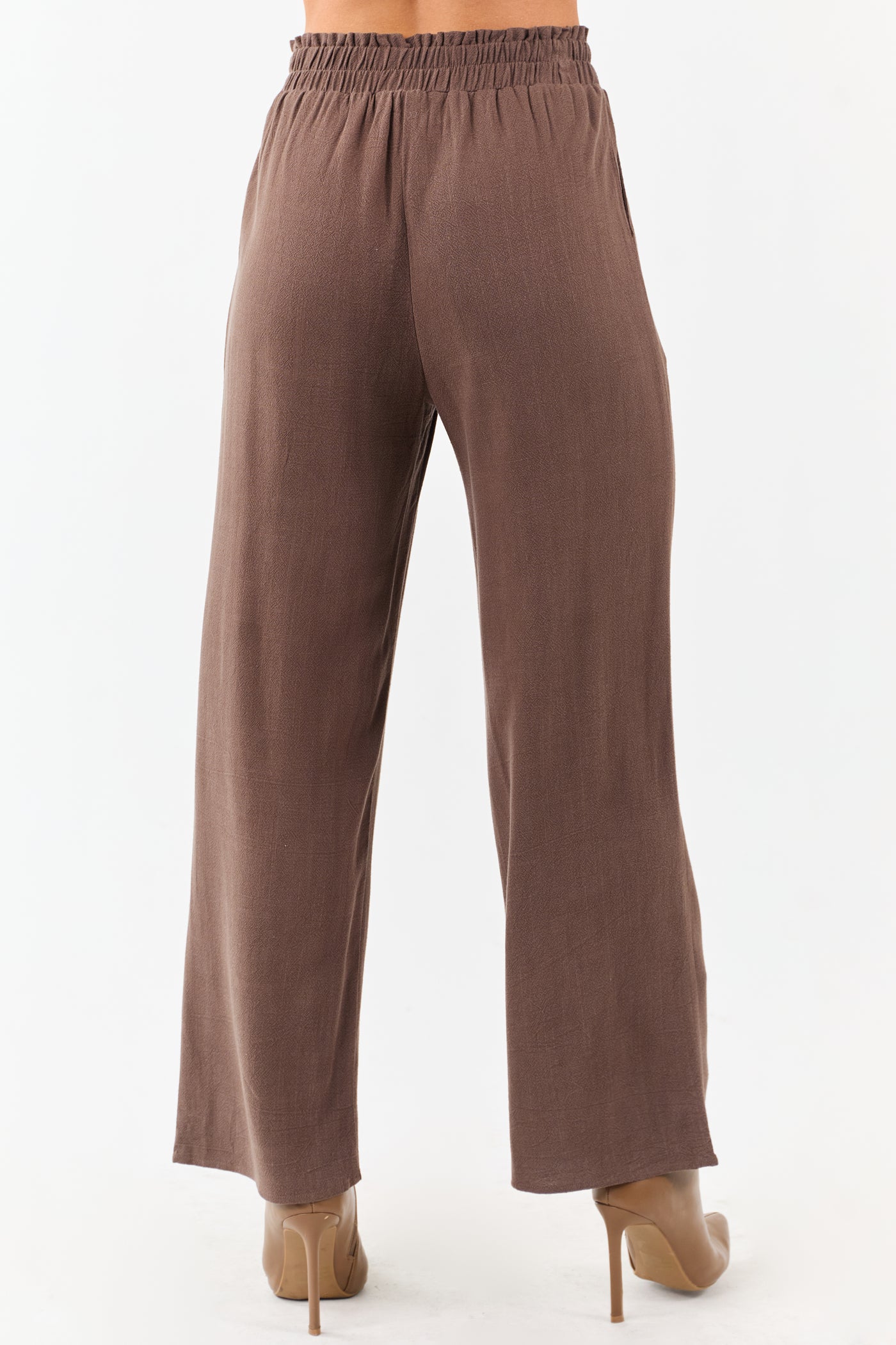 Coffee Smocked Waistband Wide Leg Linen Blend Pants